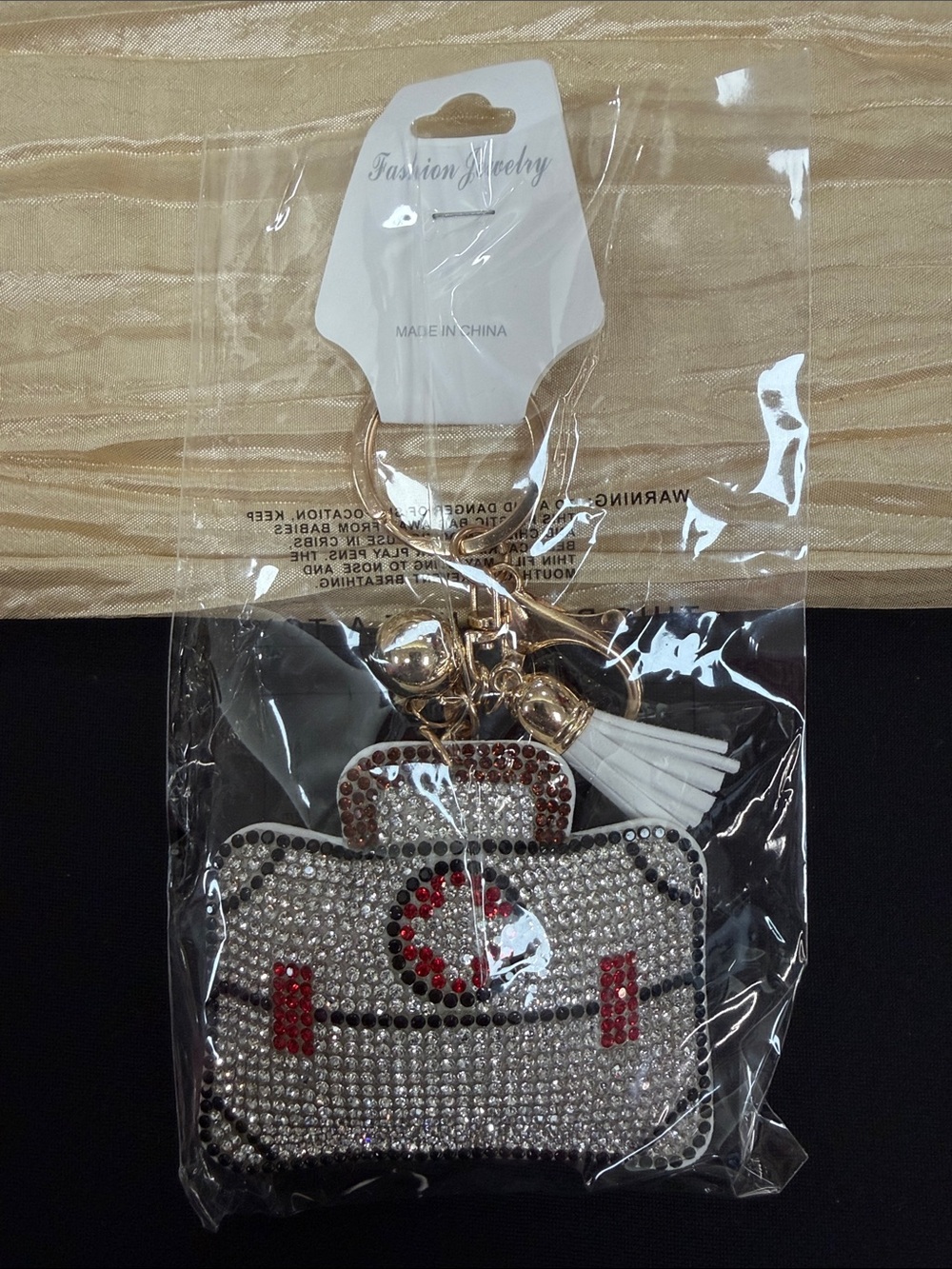 Fashion Jewelry Rhinestone Mini Purse Keychain - White, Red, Gold. Medical bag